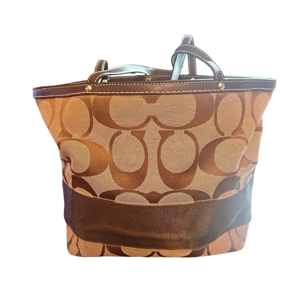 Coach Signature Canvas Stripe Tote Bag Brown Beige Leather Trim